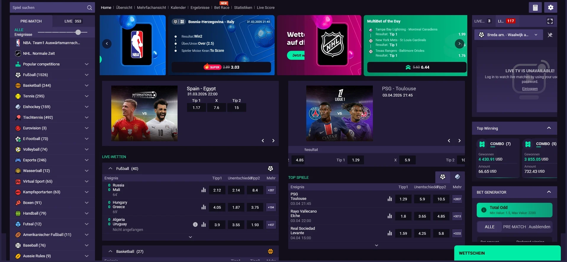 Platziere einfach Sportwetten vor dem Spiel bei WinSpirit Casino
